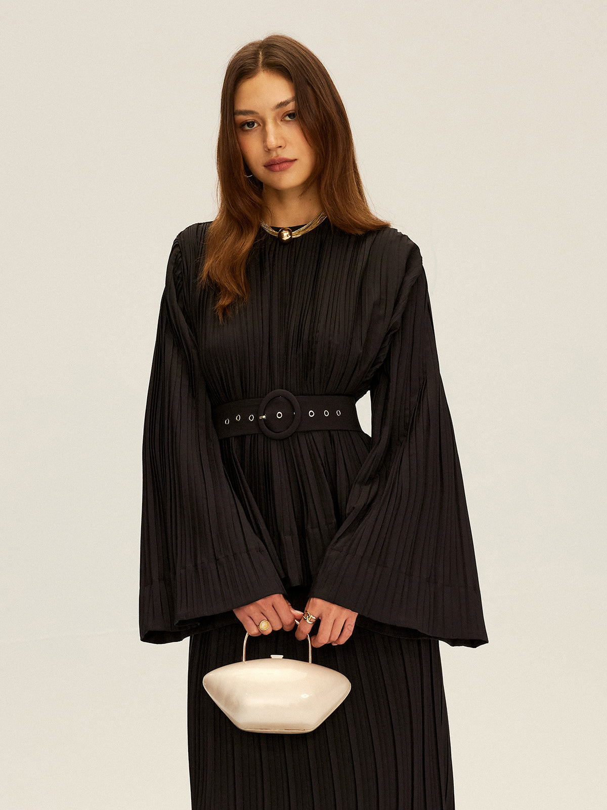 Pleated Bell Sleeve Belted Peplum Blouse