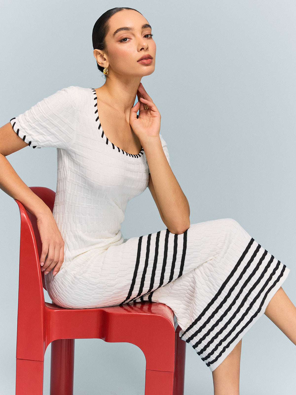 Textured Knit Midi Dress with Striped Hem