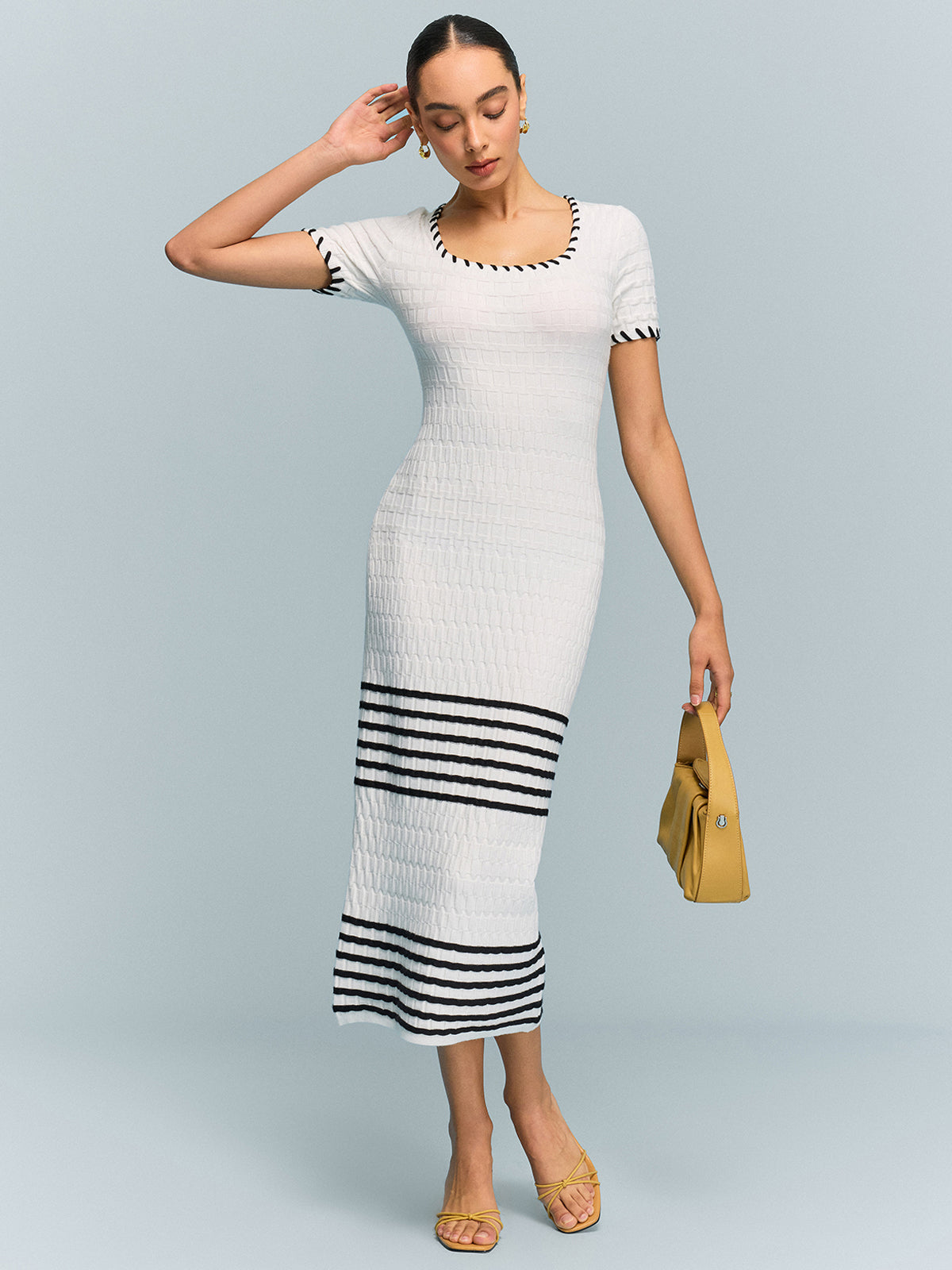 Textured Knit Midi Dress with Striped Hem