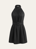 Neckholder ärmelloser Satin-Jumpsuit mit Gürtel