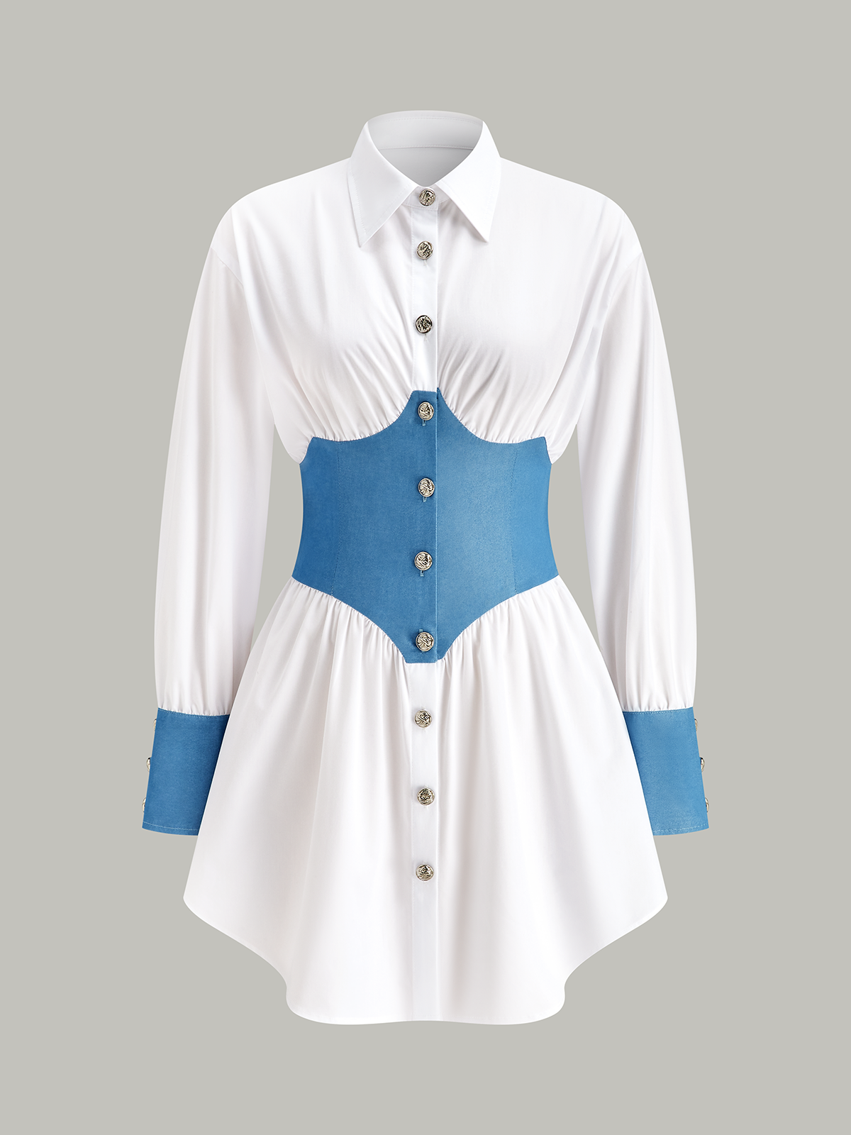 Hemdblusenkleid mit kontrastierenden Einsätzen und Knöpfen 