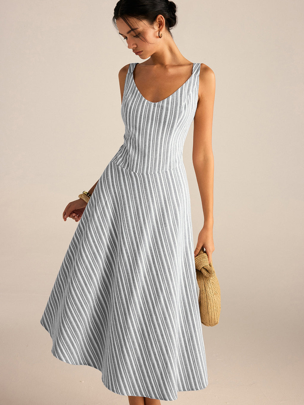 Striped Asymmetriccal Hem Midi Dress