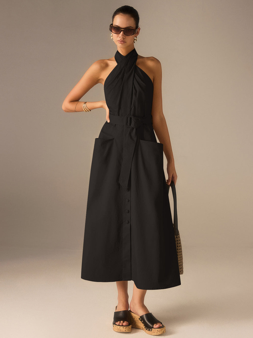 Cotton Pleated Halter Neck Belted Midi Dress