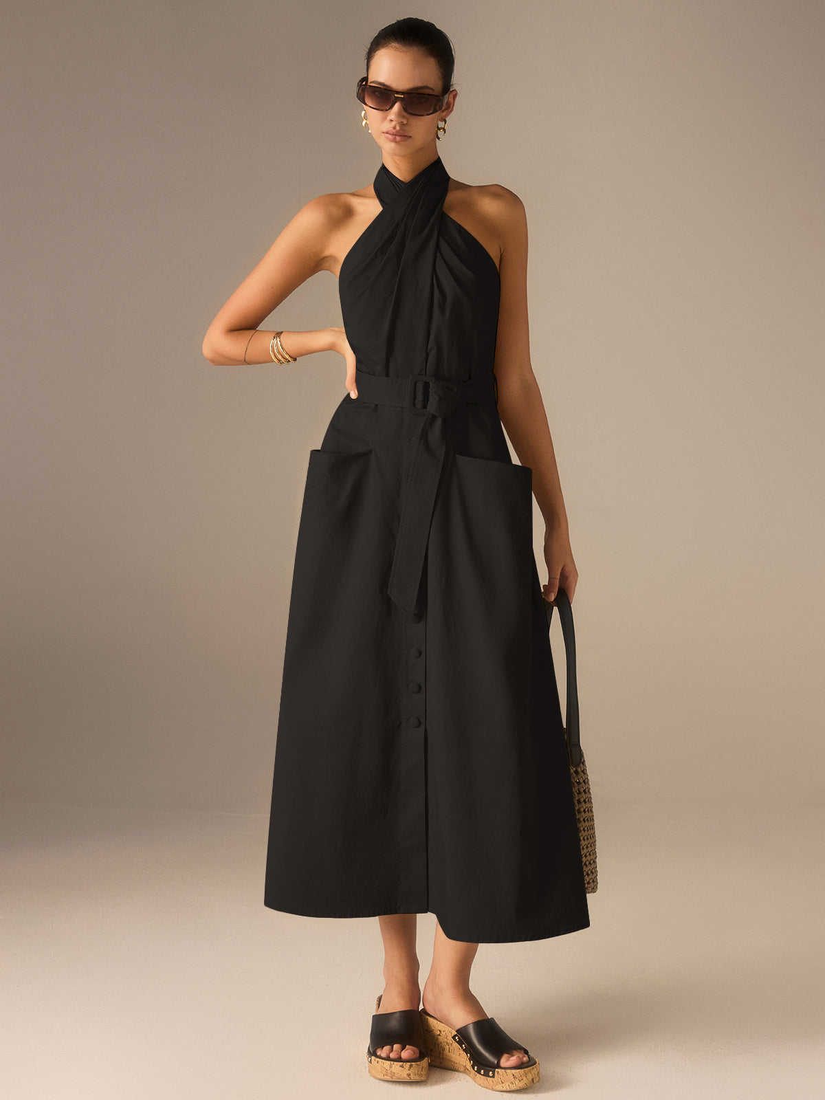 Cotton Pleated Halter Neck Belted Midi Dress