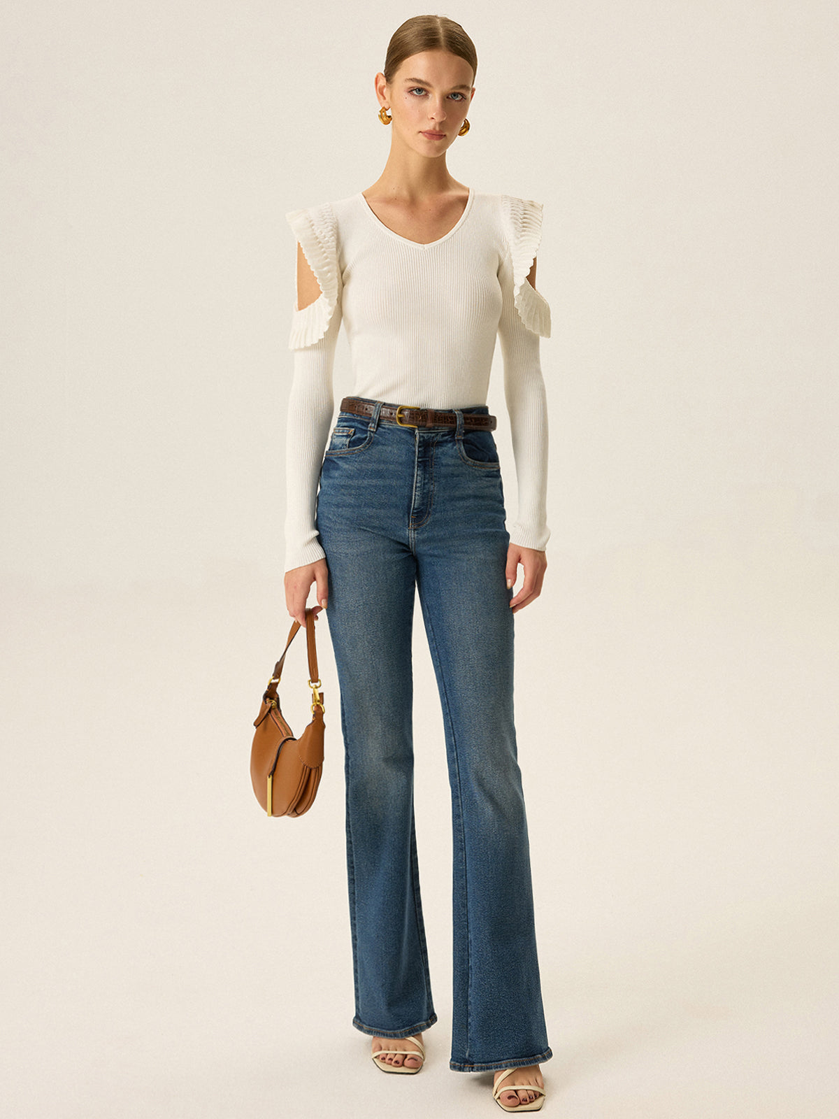 Cold Shoulder Ruffle V-Neck Knit Top