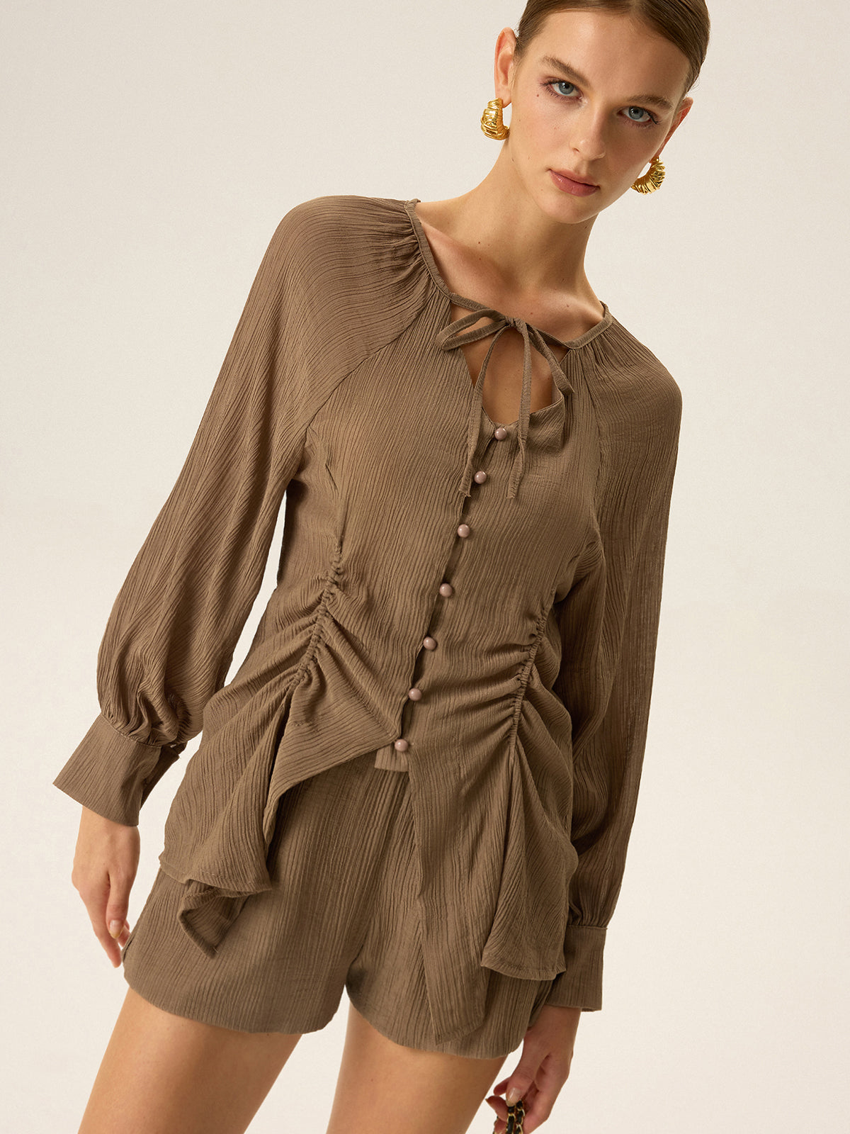 Ruched V-Neck Textured Shorts Set