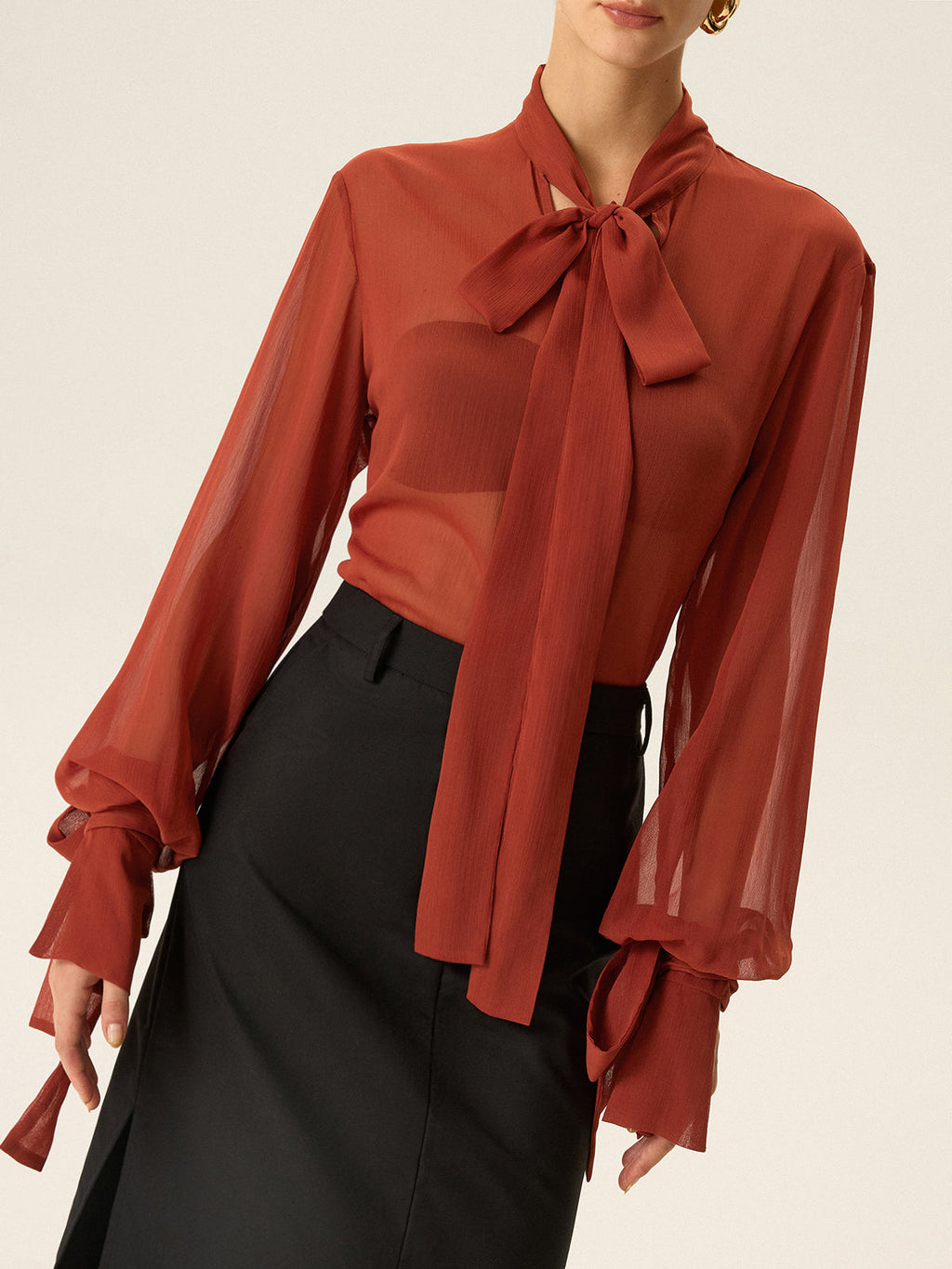 Semi-transparente Chiffonbluse mit Bindekragen