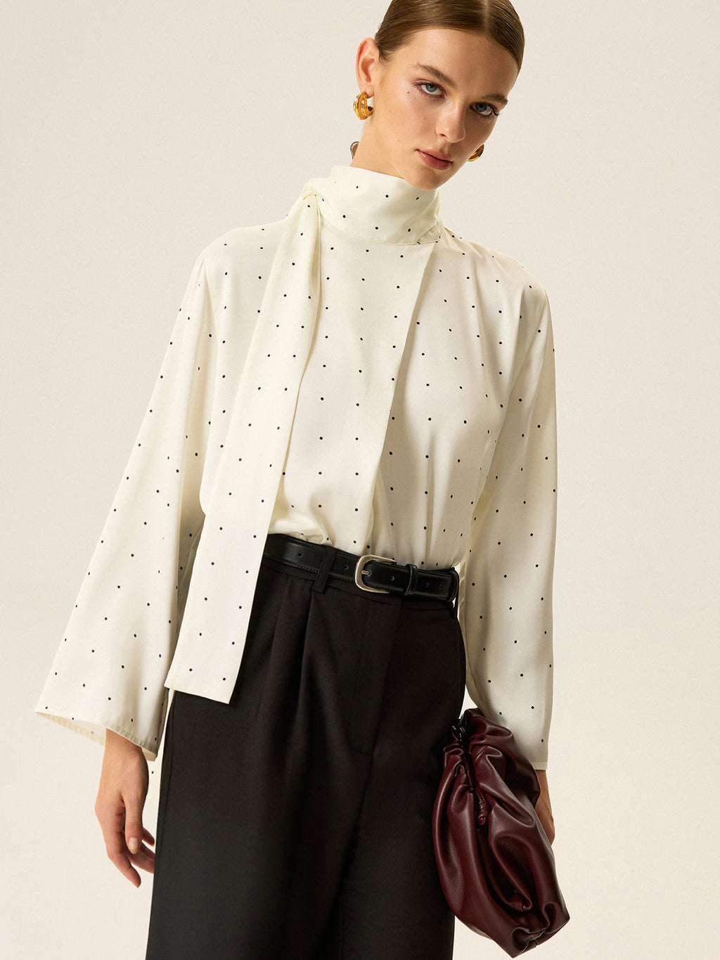 Polka Dot Satin High-Neck Blouse