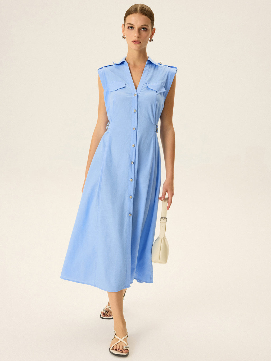 Linen & Cotton V-Neck Midi Dress with Metal Button