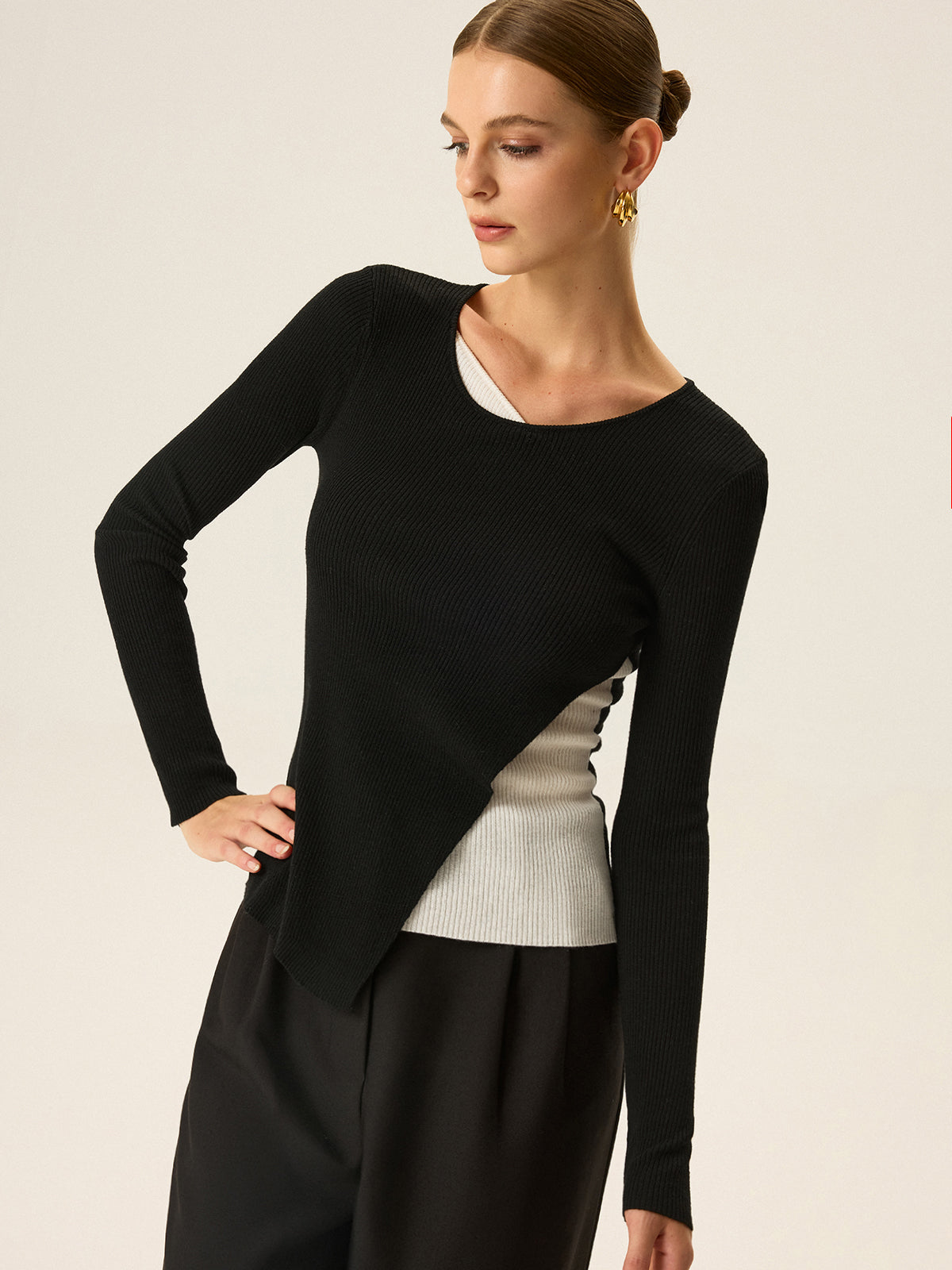 2-in-1 Color-Block Asymmetrisches Rippstrick-Top