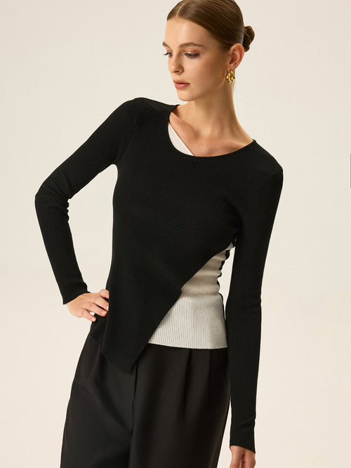 2-in-1 Color-Block Asymmetrisches Rippstrick-Top