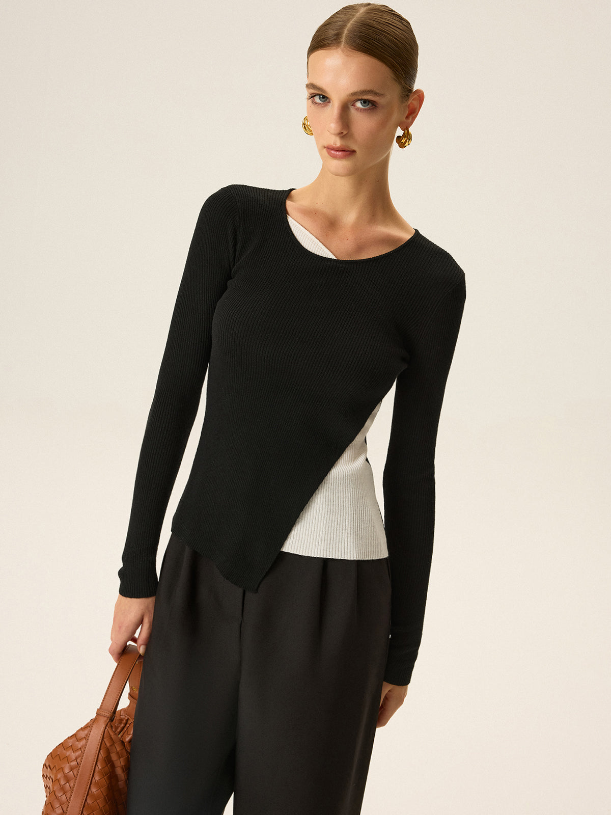 2-in-1 Color-Block Asymmetrisches Rippstrick-Top