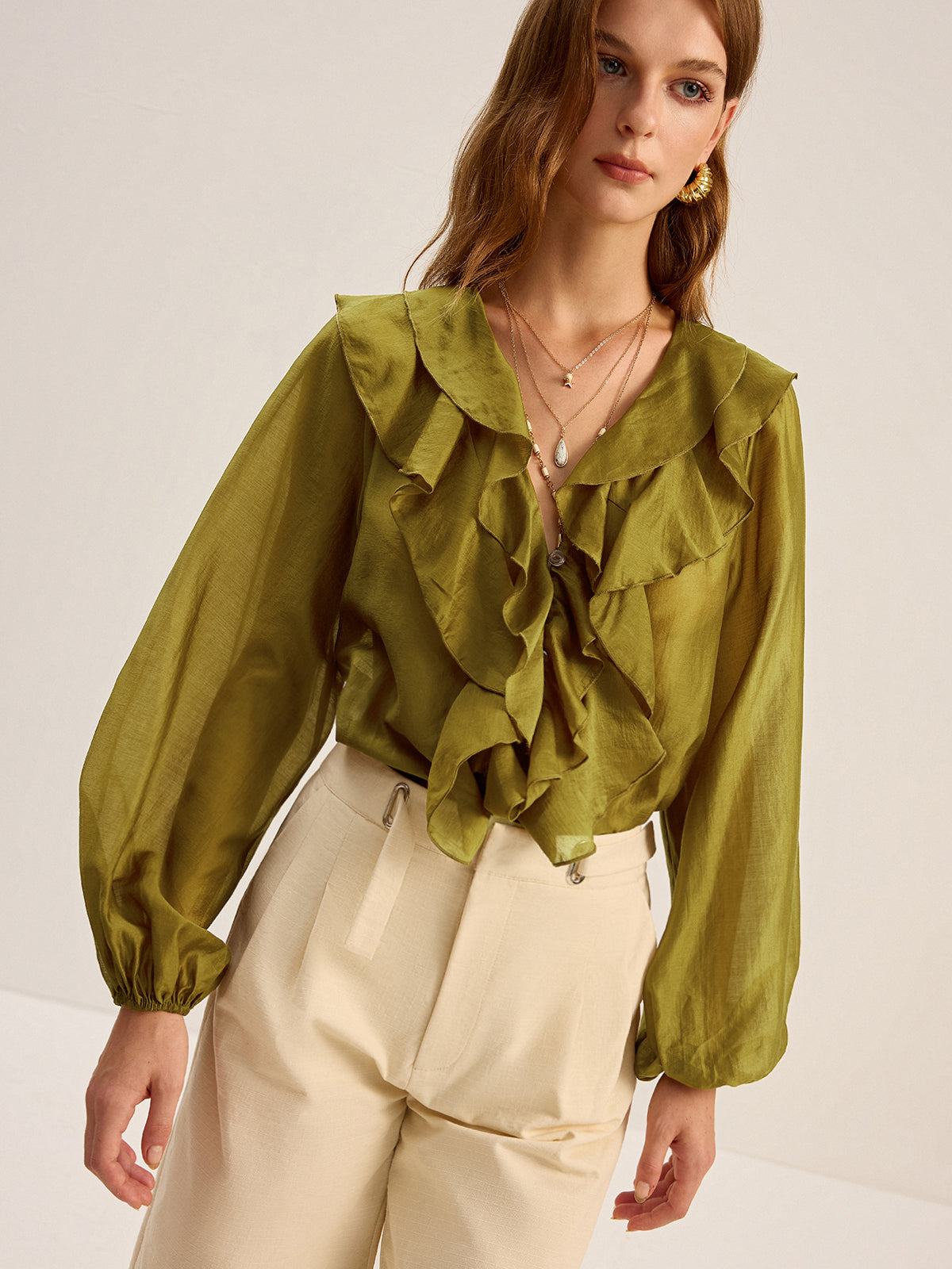 Chemisier à volants semi-transparent en Tencel 