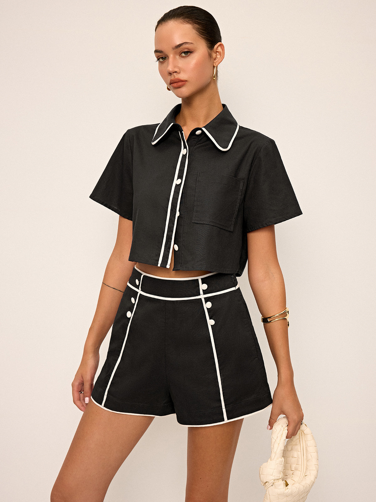 Contrast Piping Crop Shirt and Shorts Set