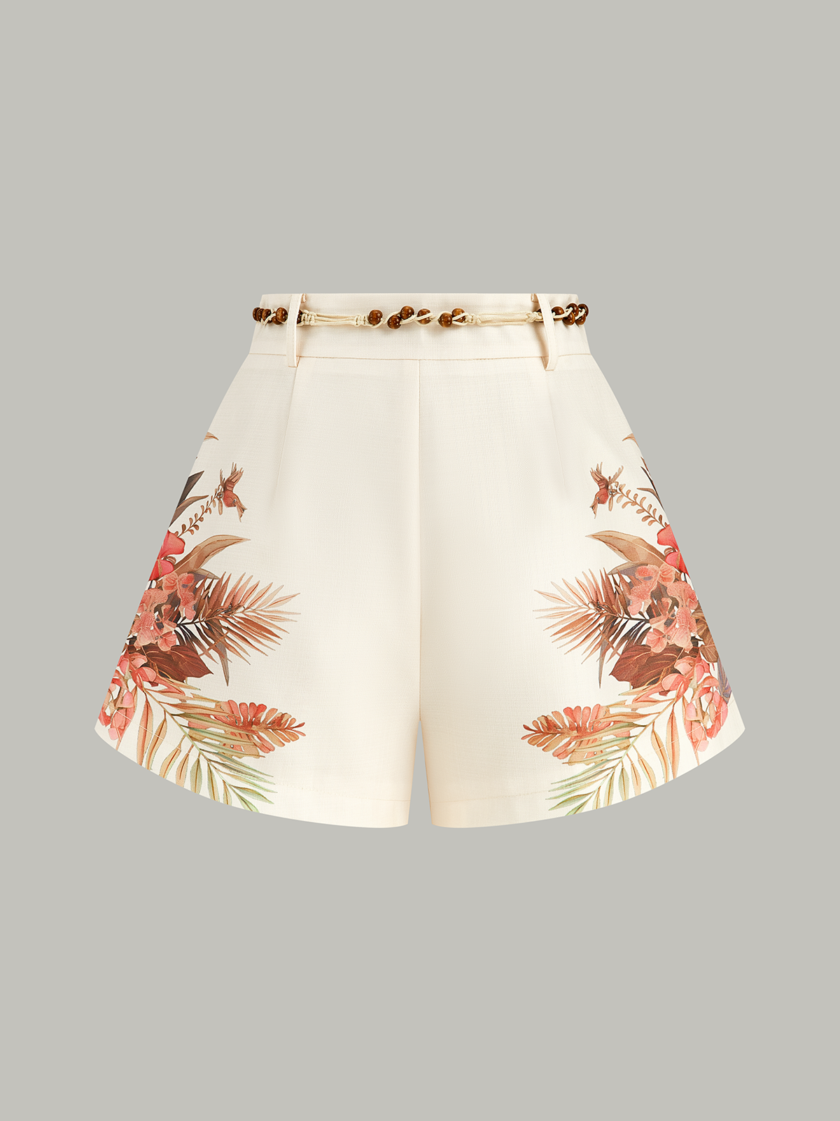 Belted Tropical Print Mid-Waist Shorts