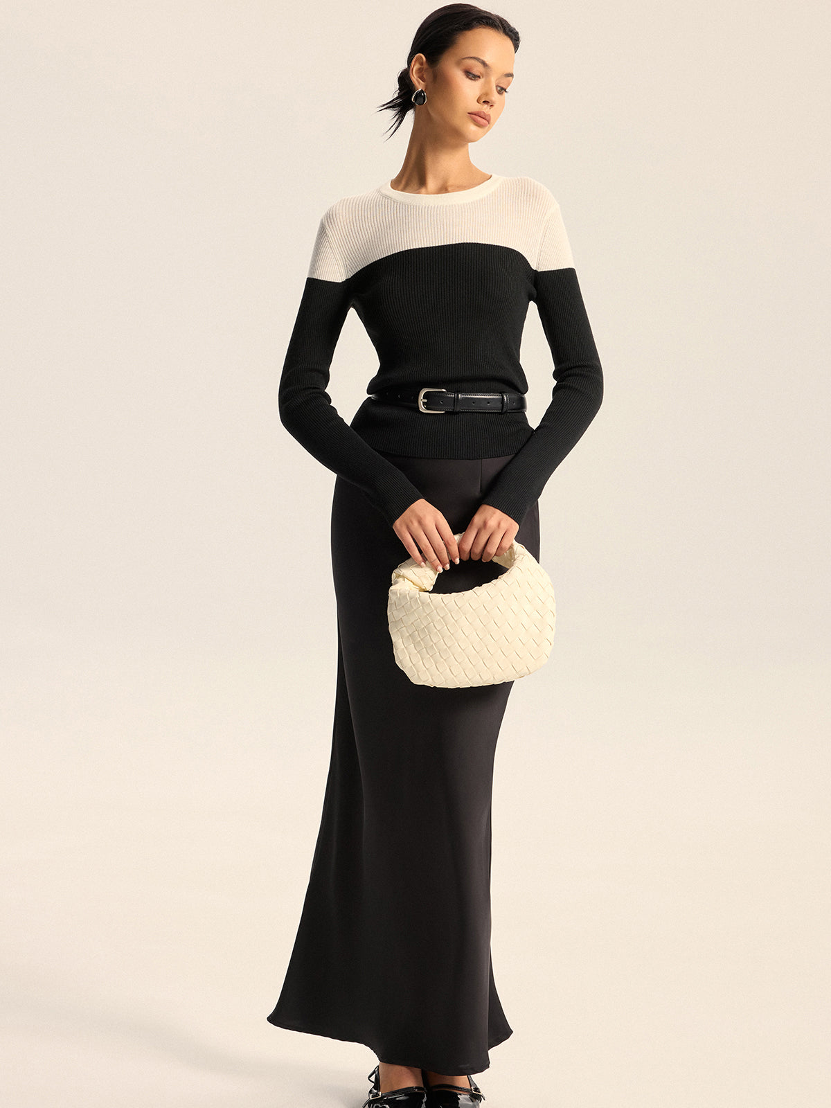 Pull en laine mélangée côtelée bicolore sans ceinture 