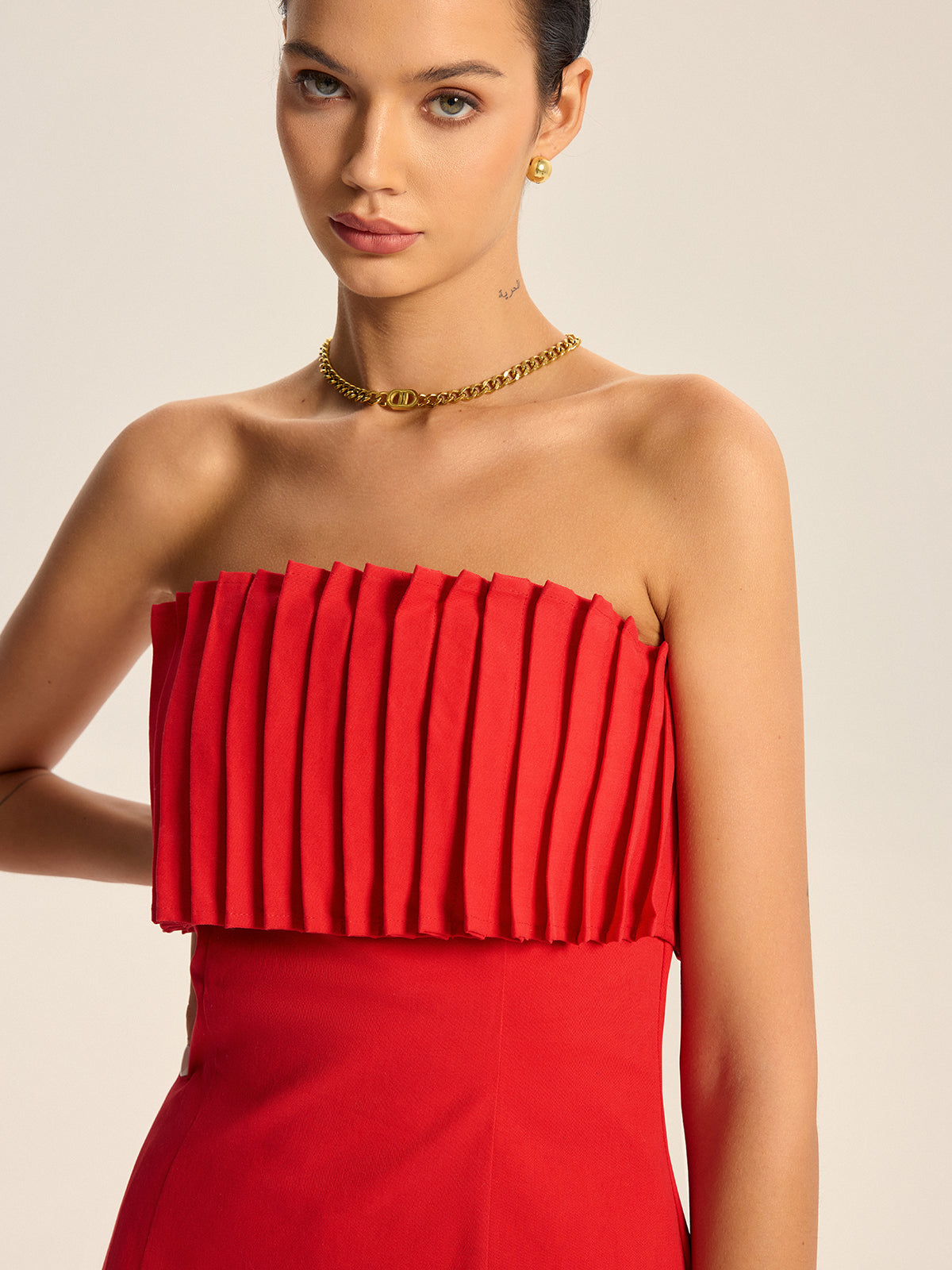 Cotton Blend Strapless Pleated Top