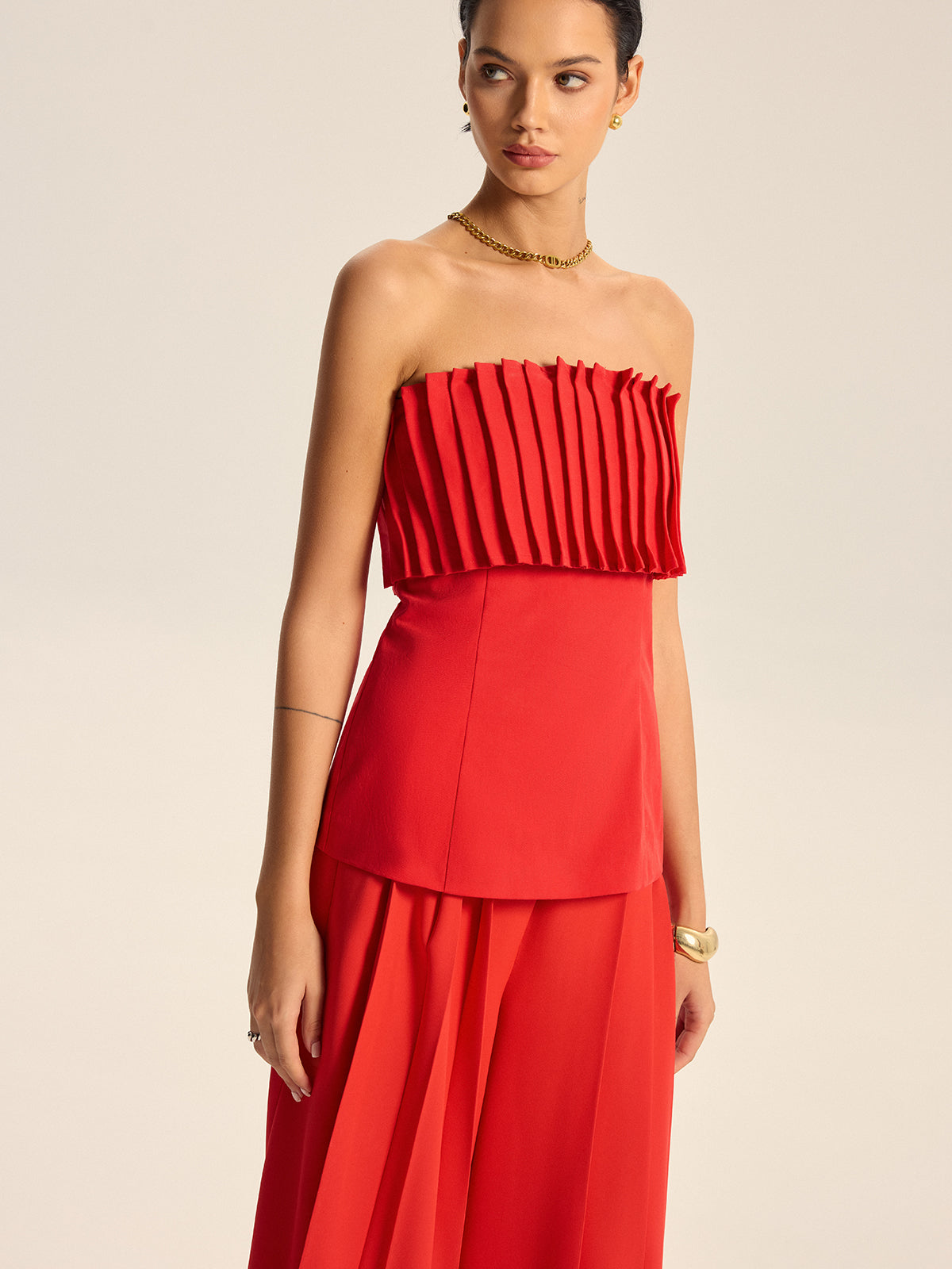 Cotton Blend Strapless Pleated Top