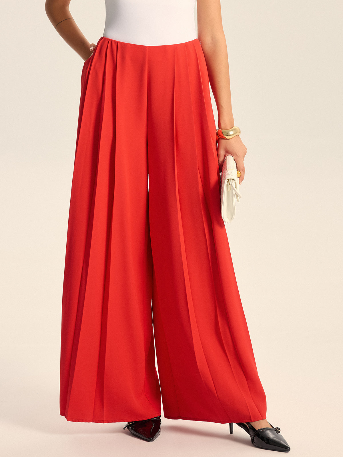 Mid-Waist Pleated Wide-Leg Pants