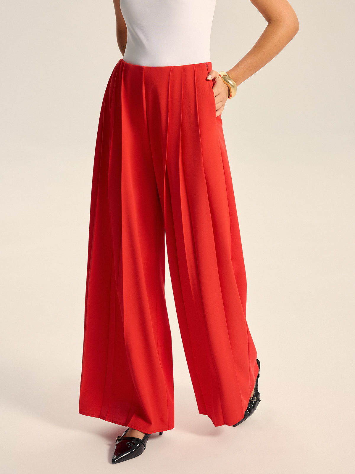 Mid-Waist Pleated Wide-Leg Pants