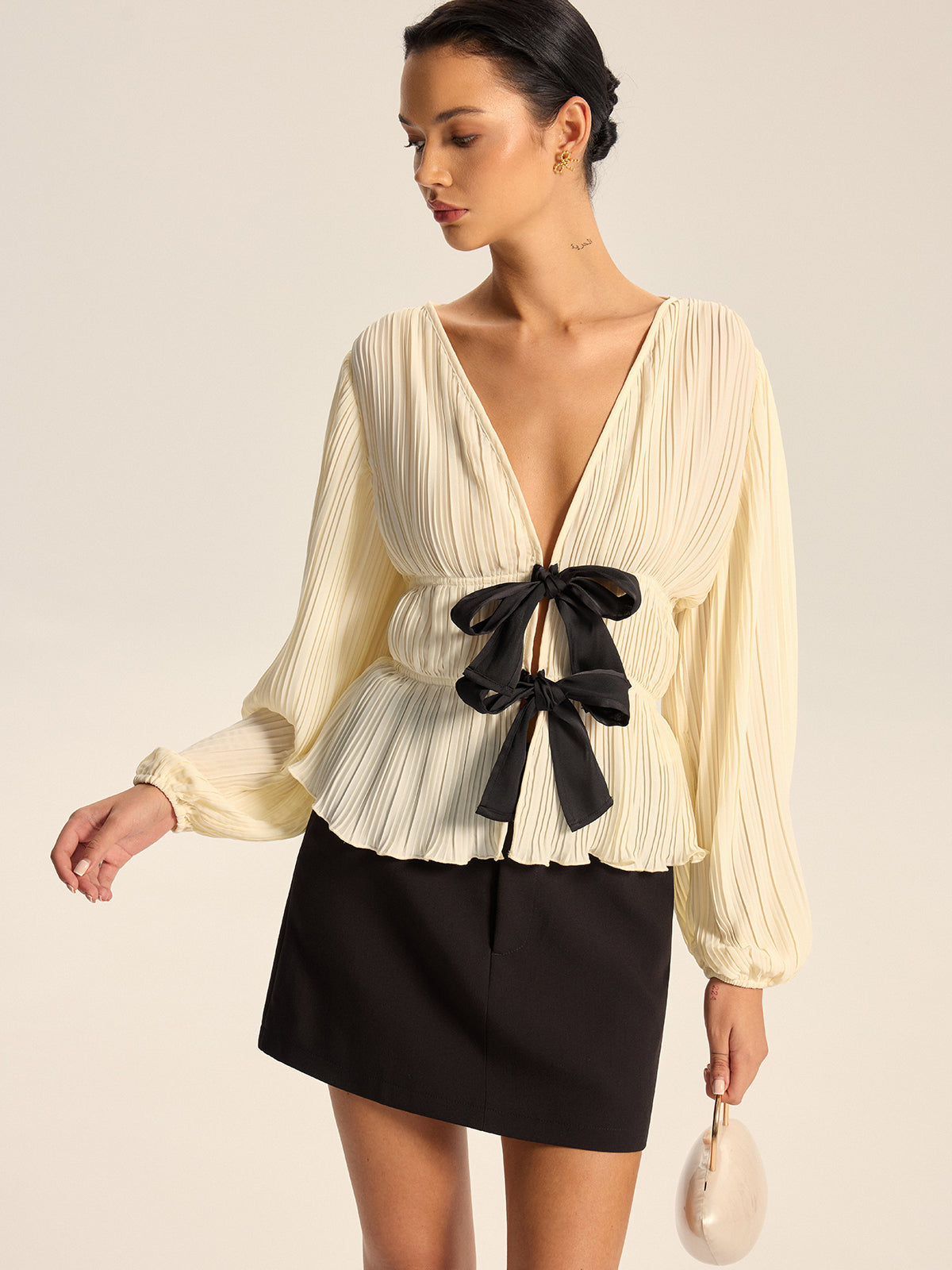 Pleated V-Neck Bow Blouse