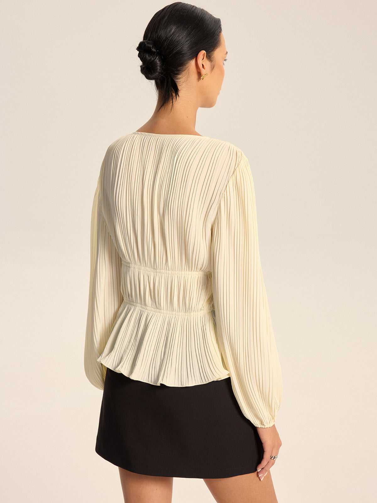 Pleated V-Neck Bow Blouse