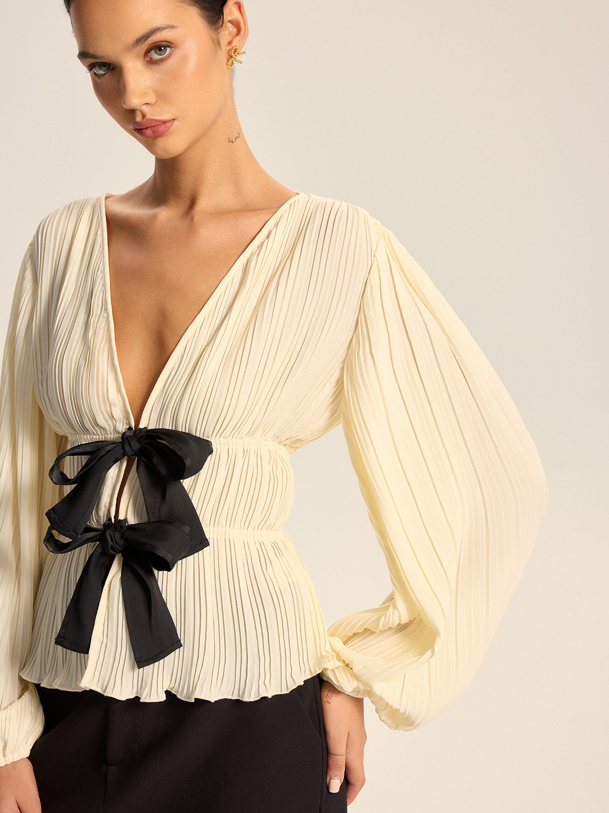 Pleated V-Neck Bow Blouse
