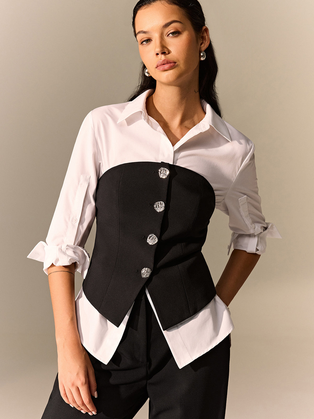 Button Corset and Long-Sleeve Shirt Set