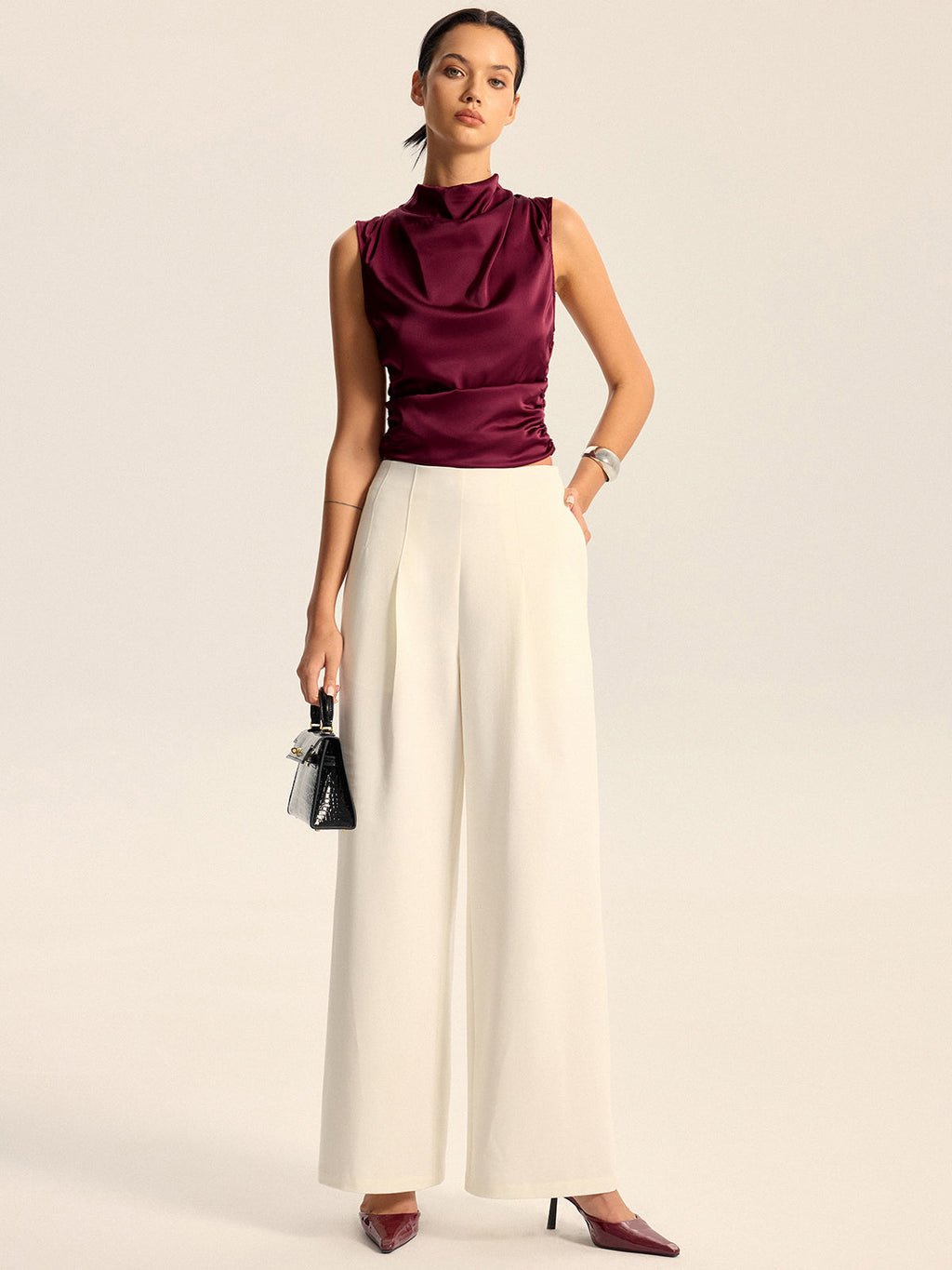 Pantalon large taille mi-haute