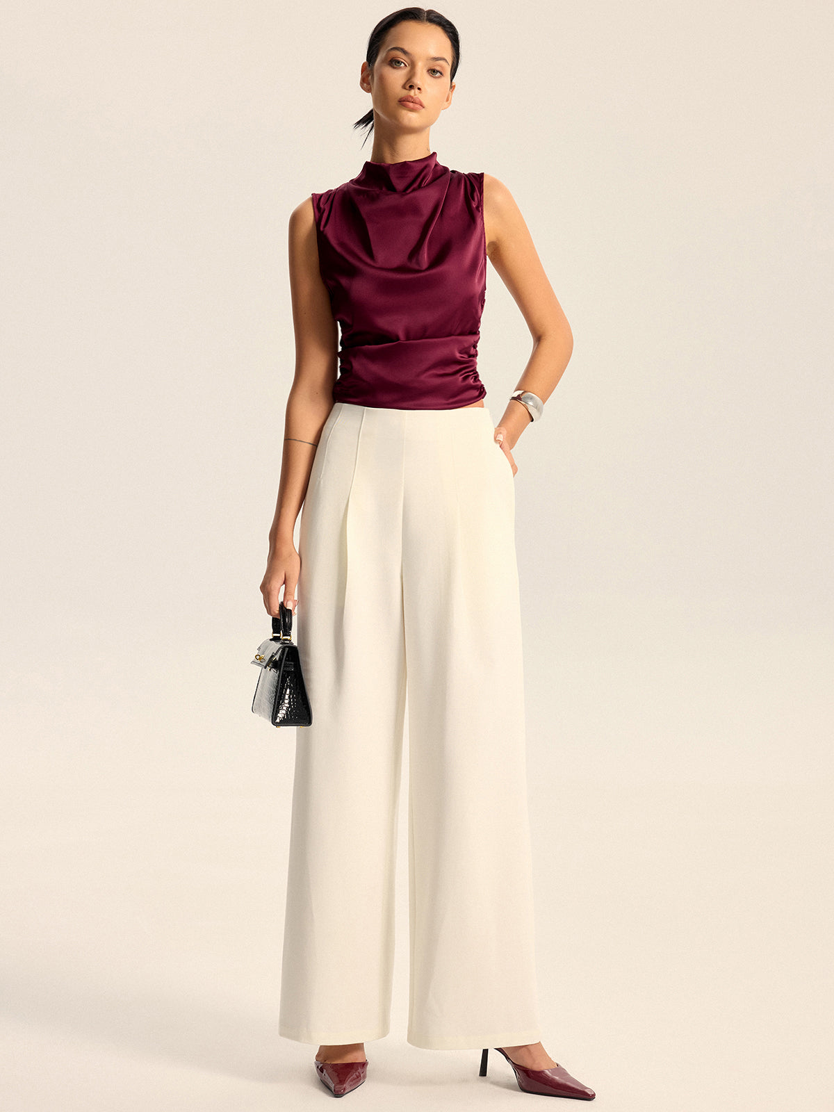 Pantalon large taille mi-haute