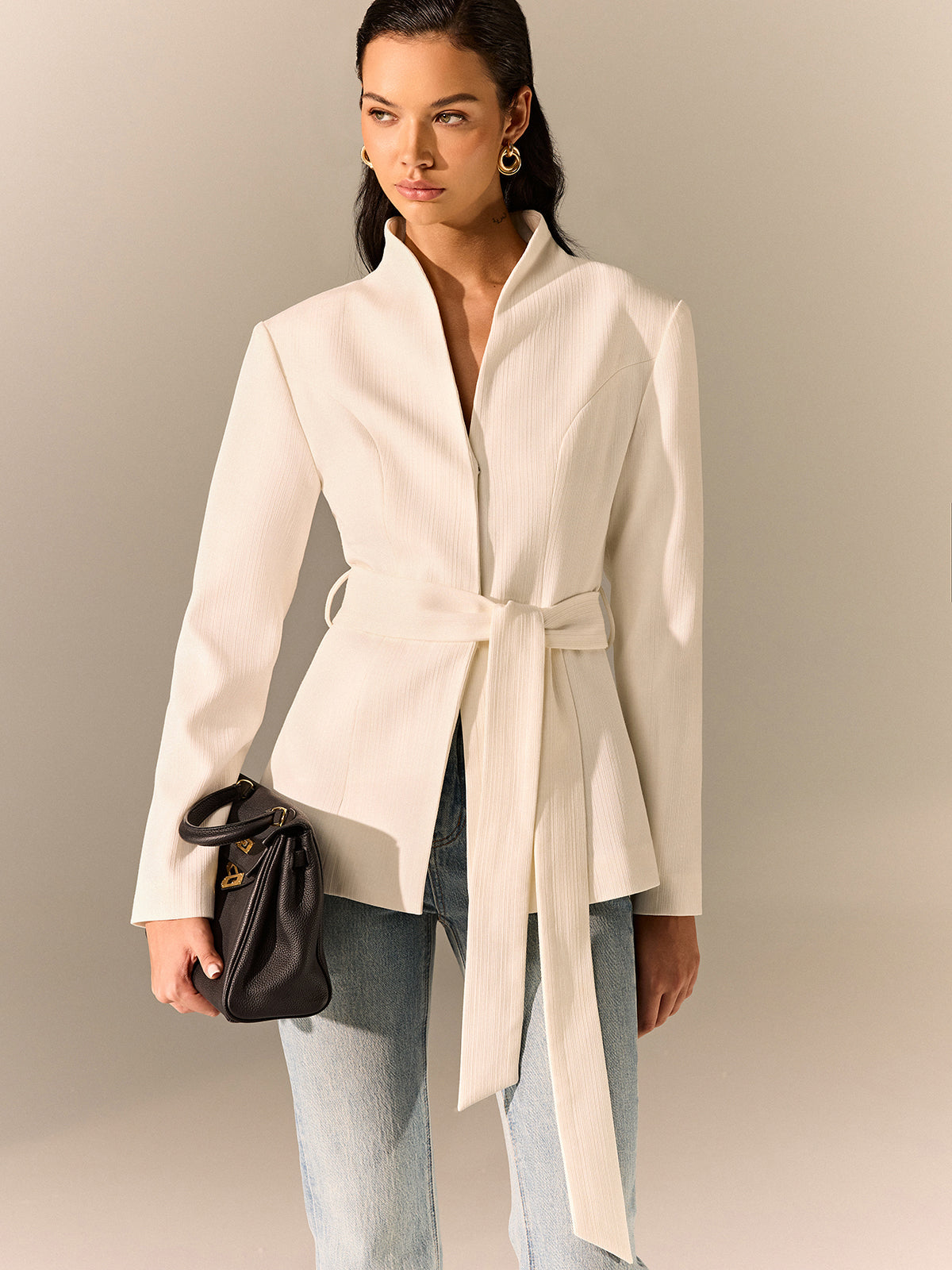 Stand Collar Belted Long Sleeve Blazer