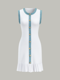 Midi-Kleid mit Jeansbesatz, Knopfleiste und Rüschensaum