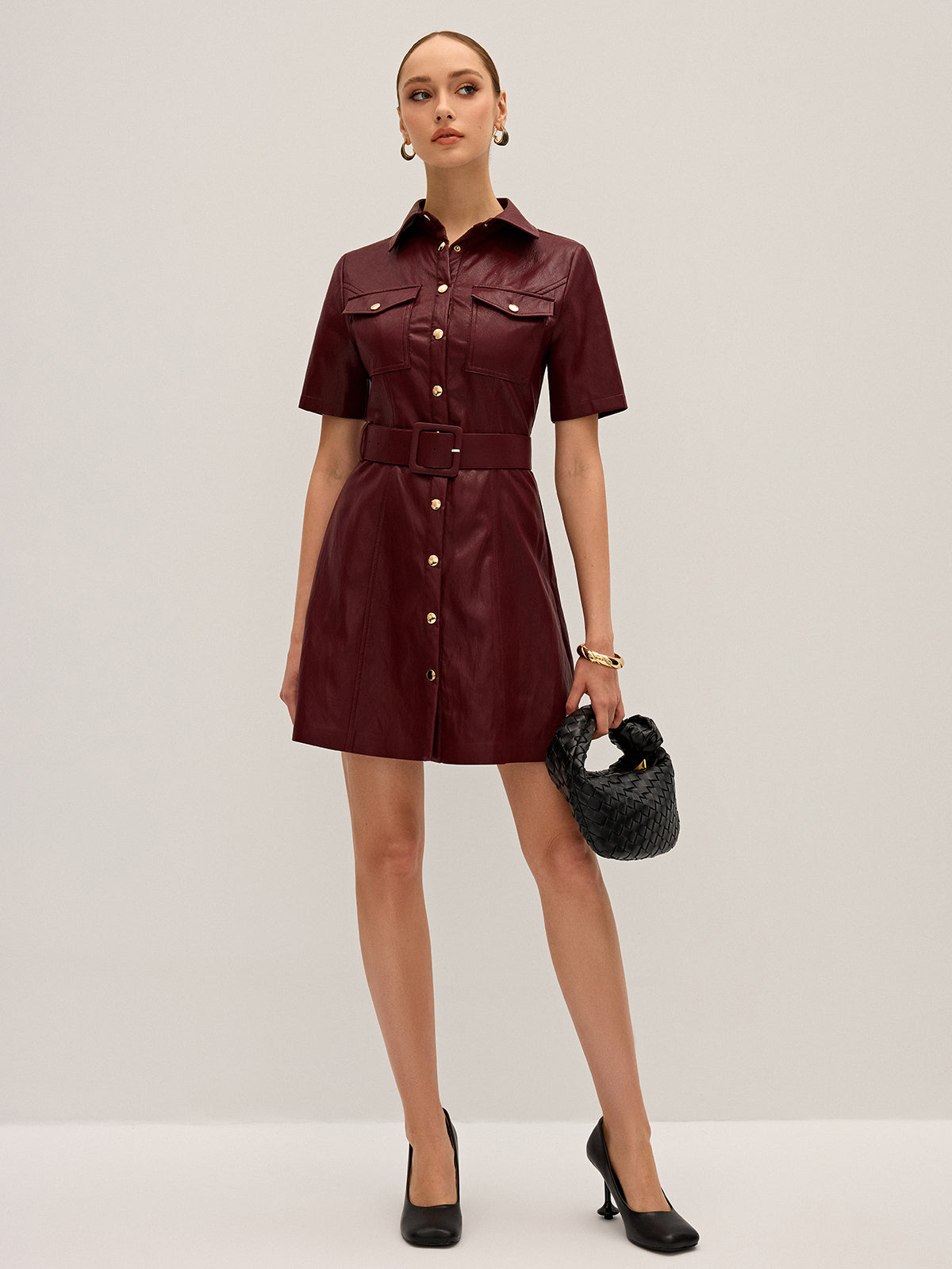 Shirt Collar Belted PU Leather Mini Dress