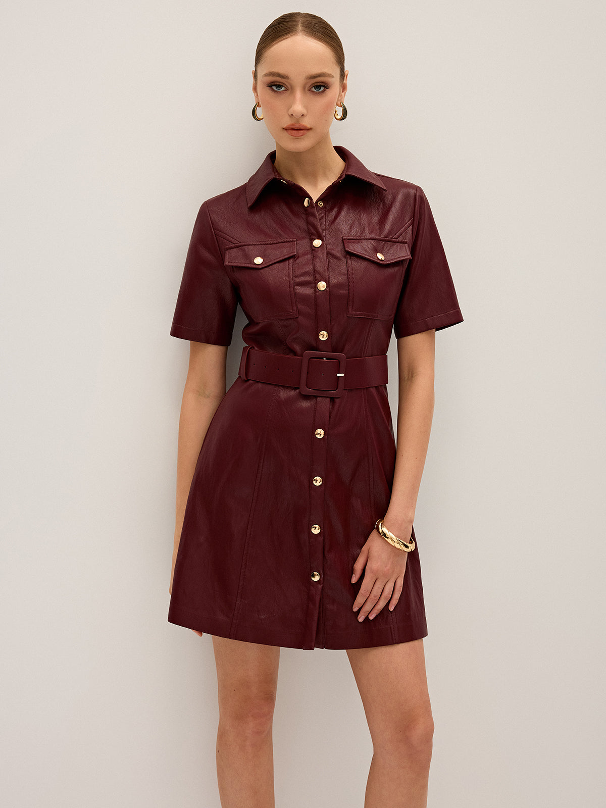 Shirt Collar Belted PU Leather Mini Dress