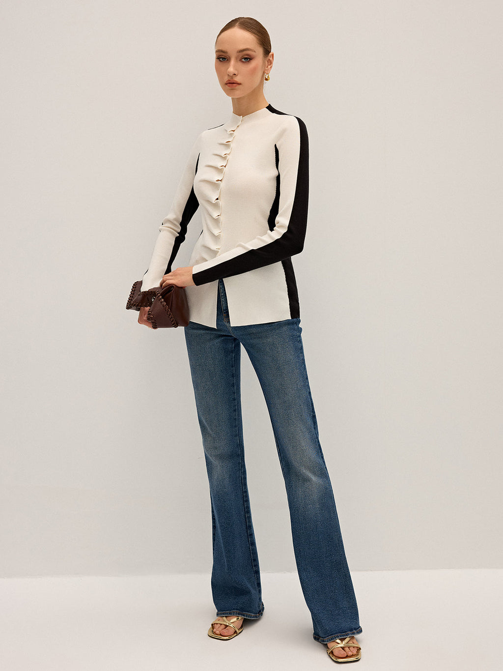 Ruffle Button Fitted Knit Top
