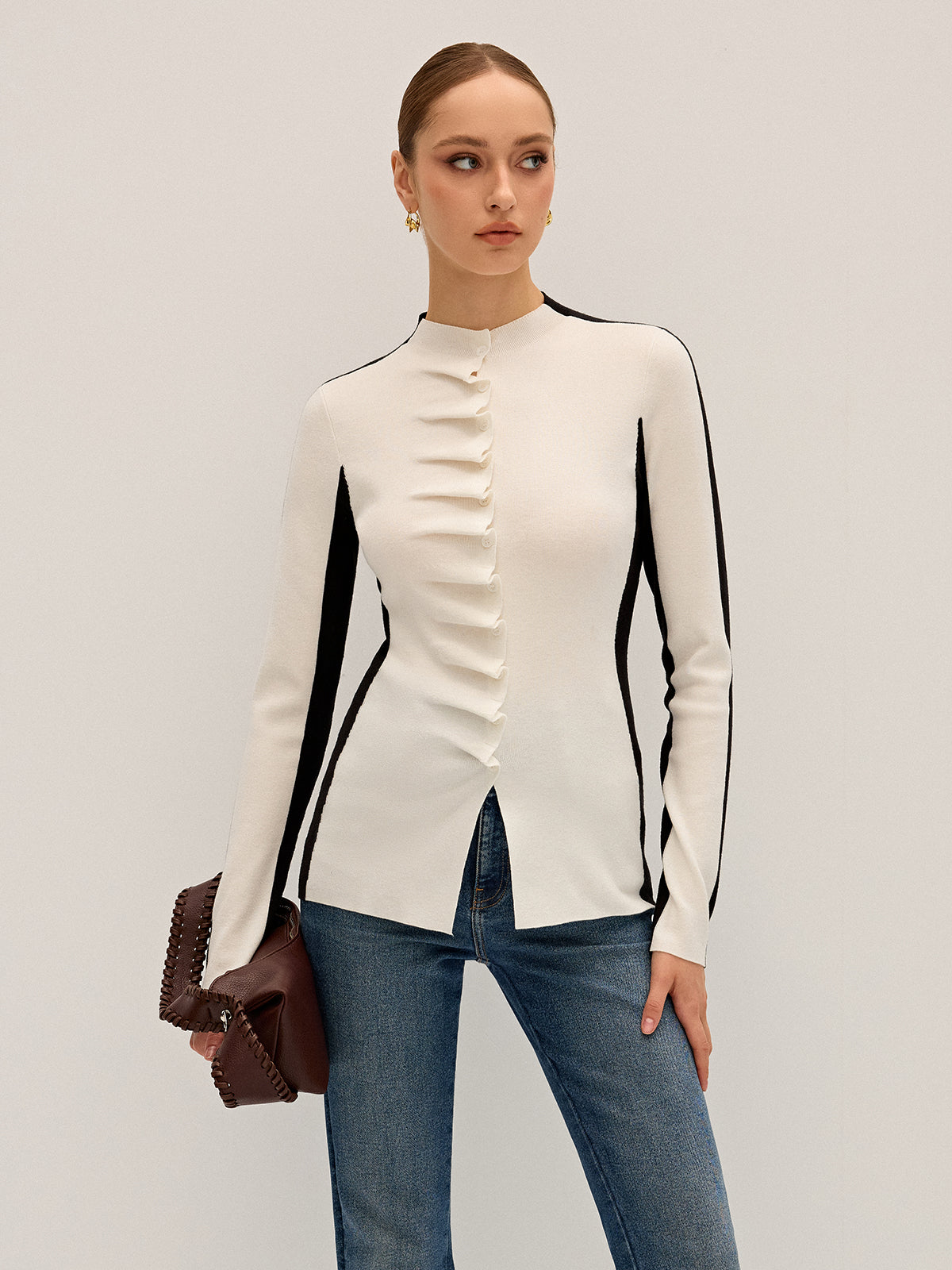 Ruffle Button Fitted Knit Top