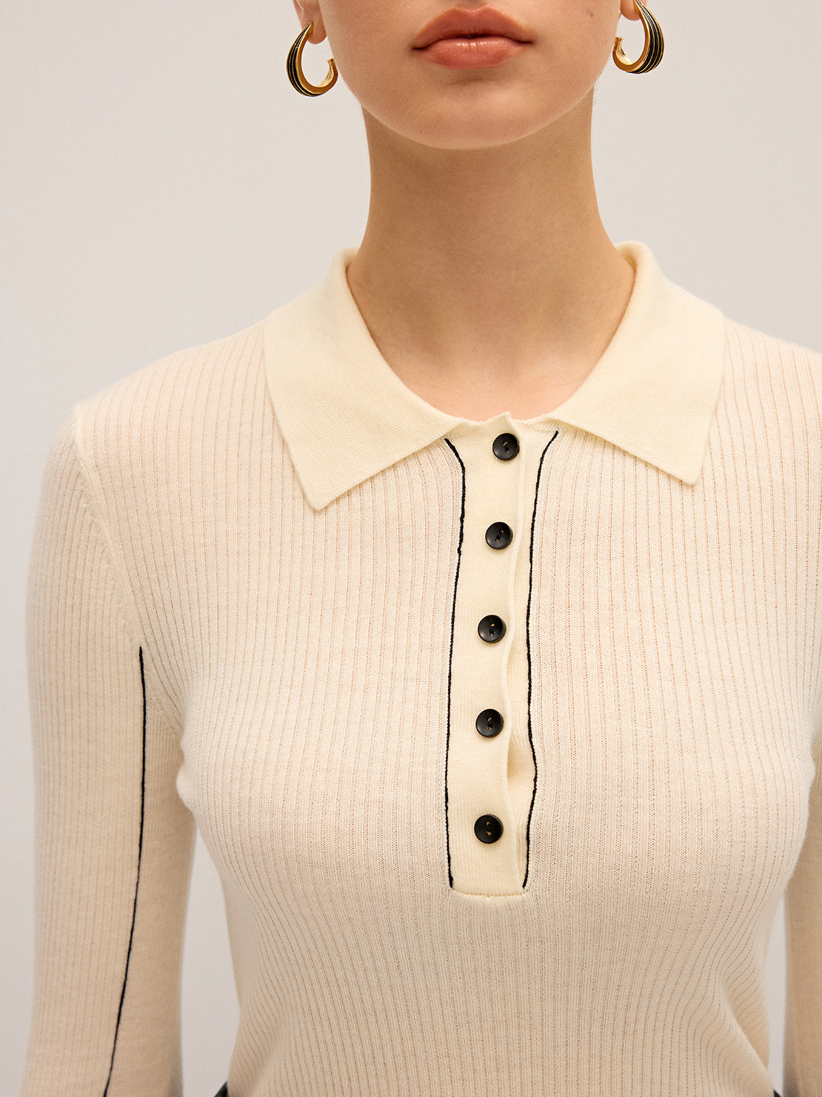 Wool Blend Ribbed Polo Knit Top