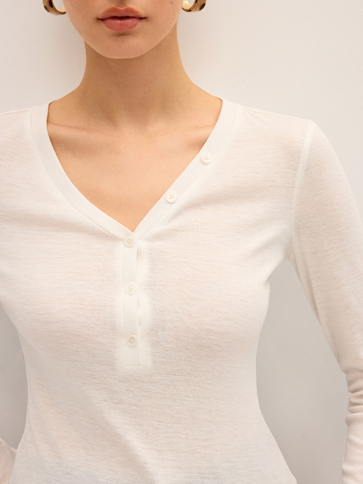 Long Sleeve V-Neck Button T-Shirt