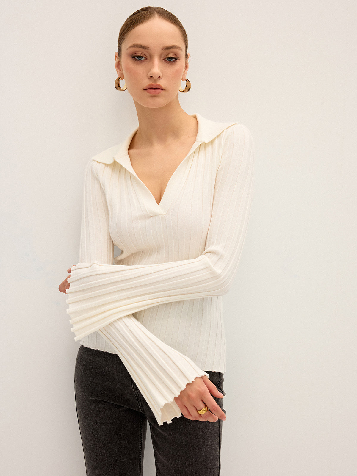 Flared Sleeve Collared Knit Top