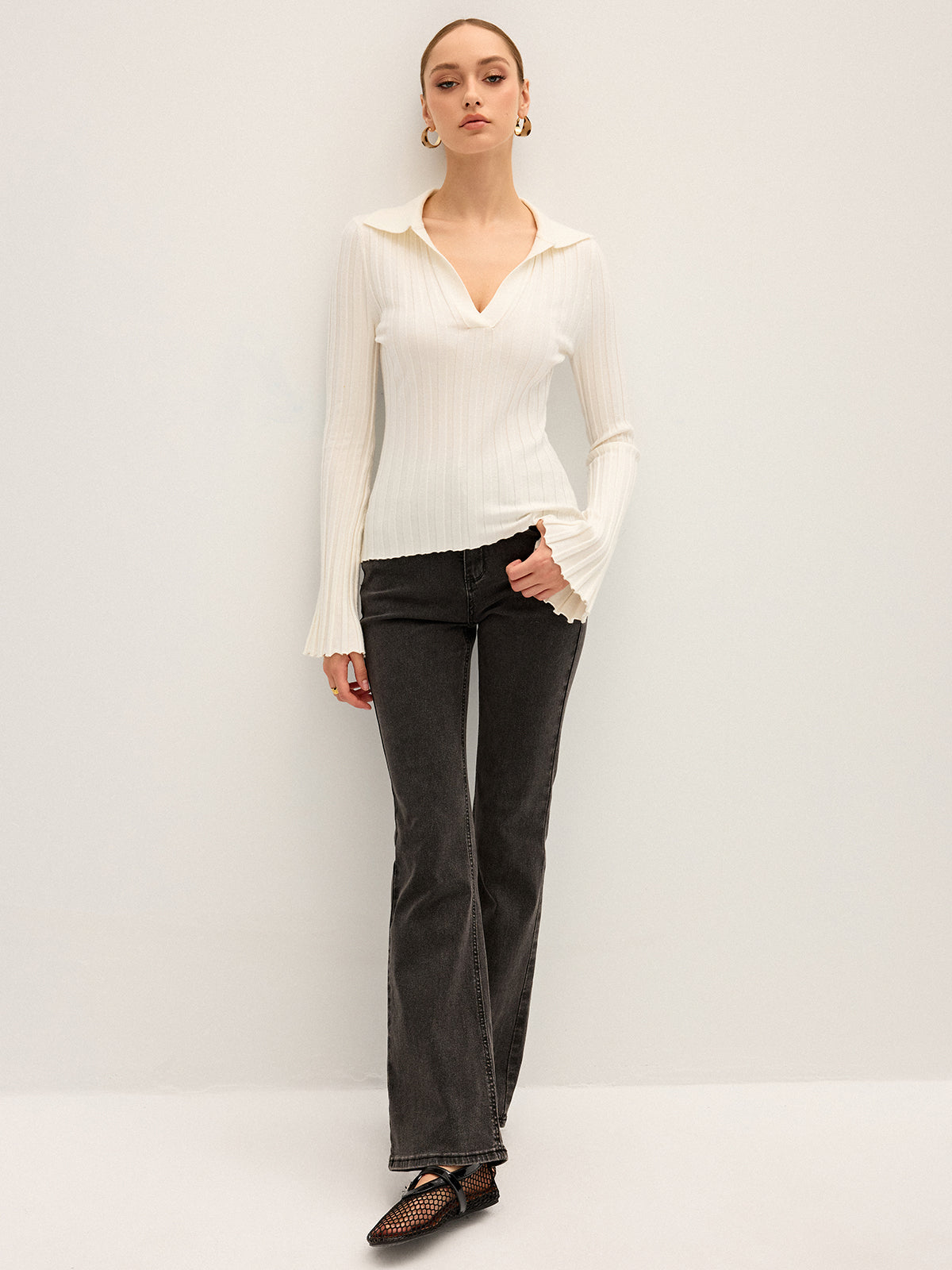 Flared Sleeve Collared Knit Top