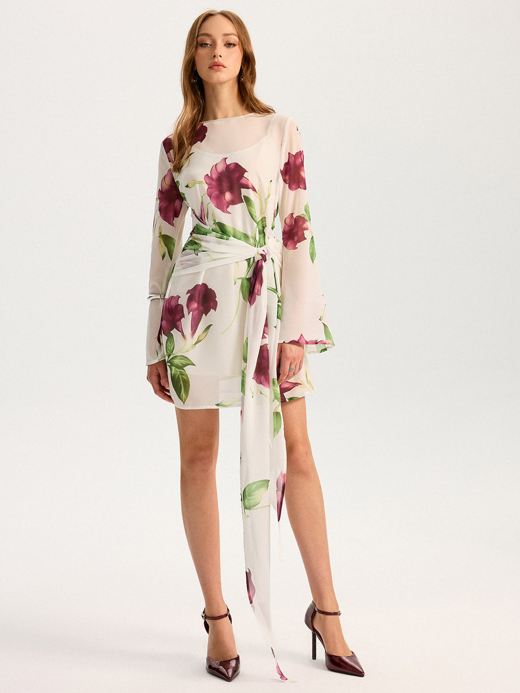 Semi-Sheer Floral Print Chiffon Mini Dress