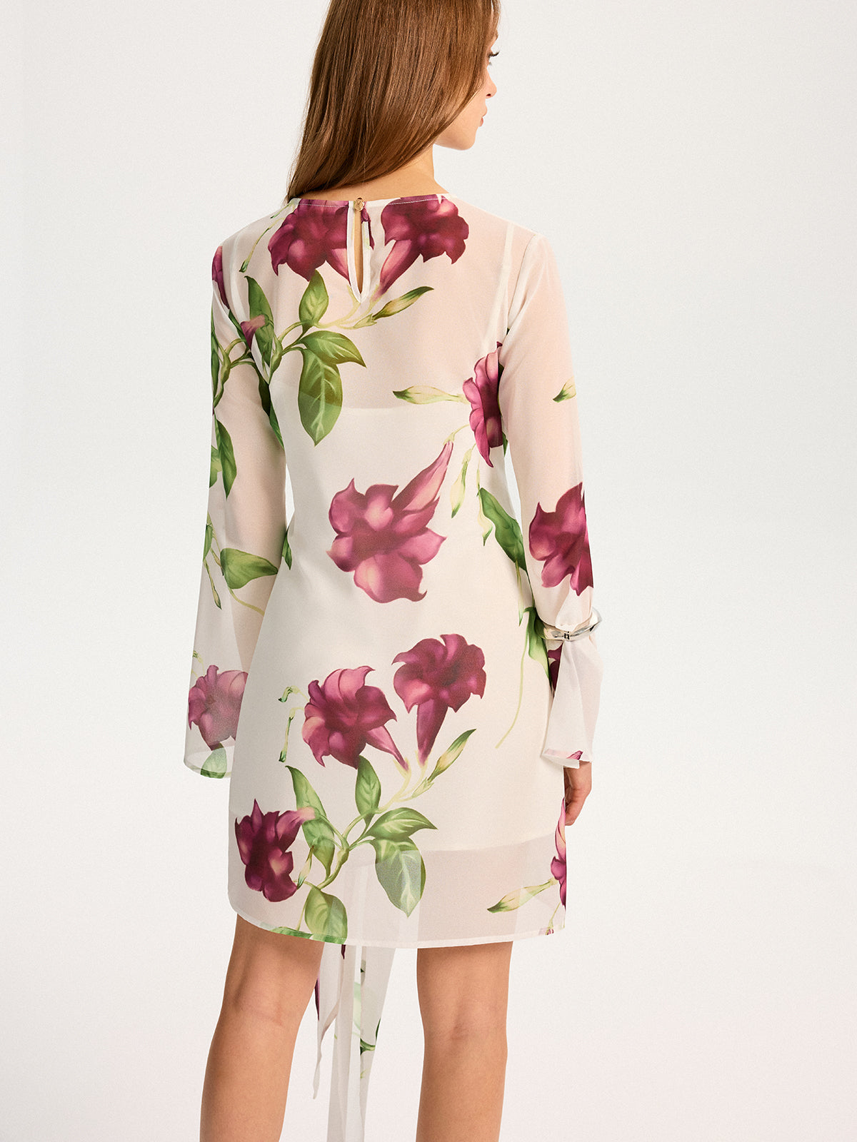 Semi-Sheer Floral Print Chiffon Mini Dress