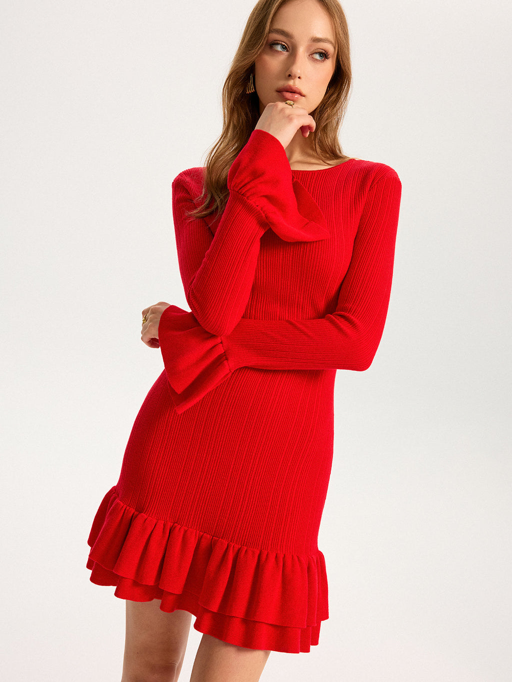 Mini-Kleid aus Wollmix-Strick mit Rüschen und ausgestellten Ärmeln