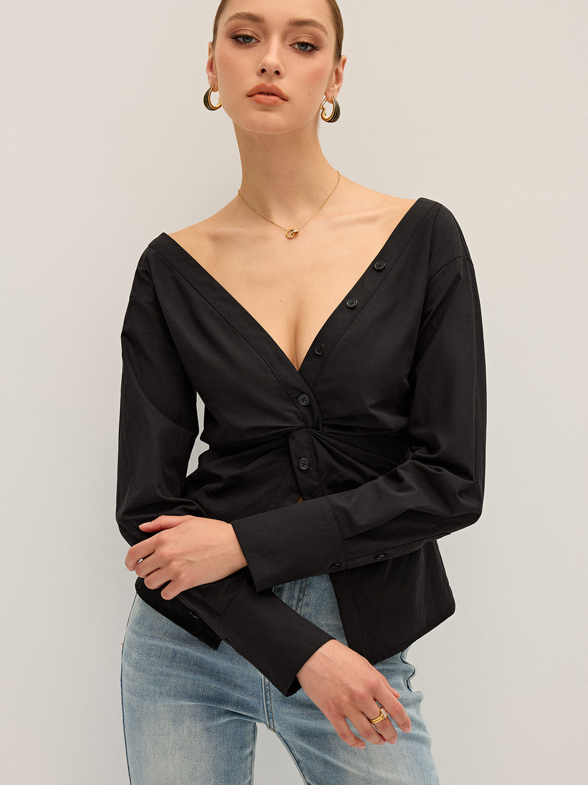 Twisted Front Deep V-Neck Shirt