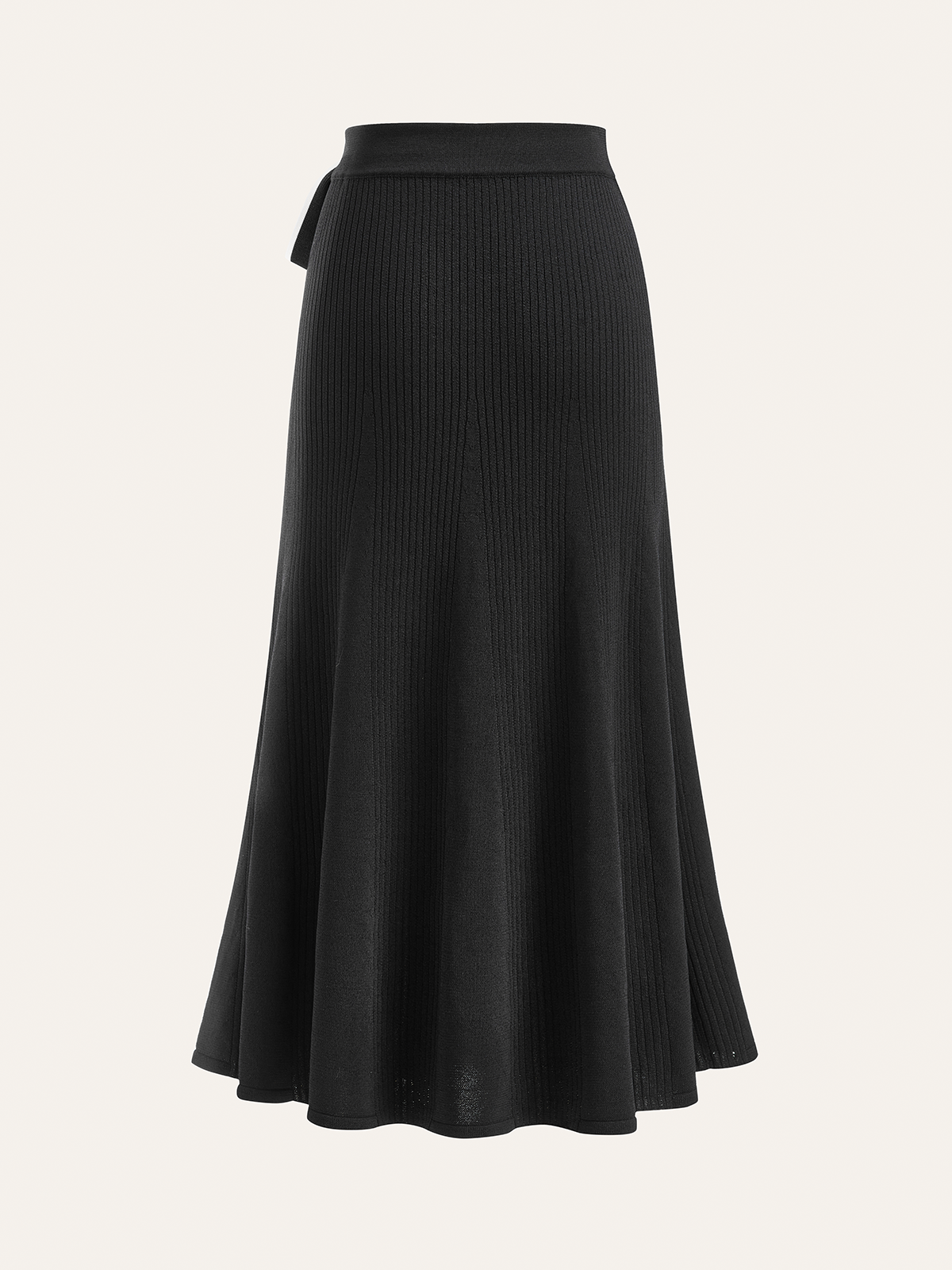 Contrast Bow Belt Ribbed Knit Midi Skirt