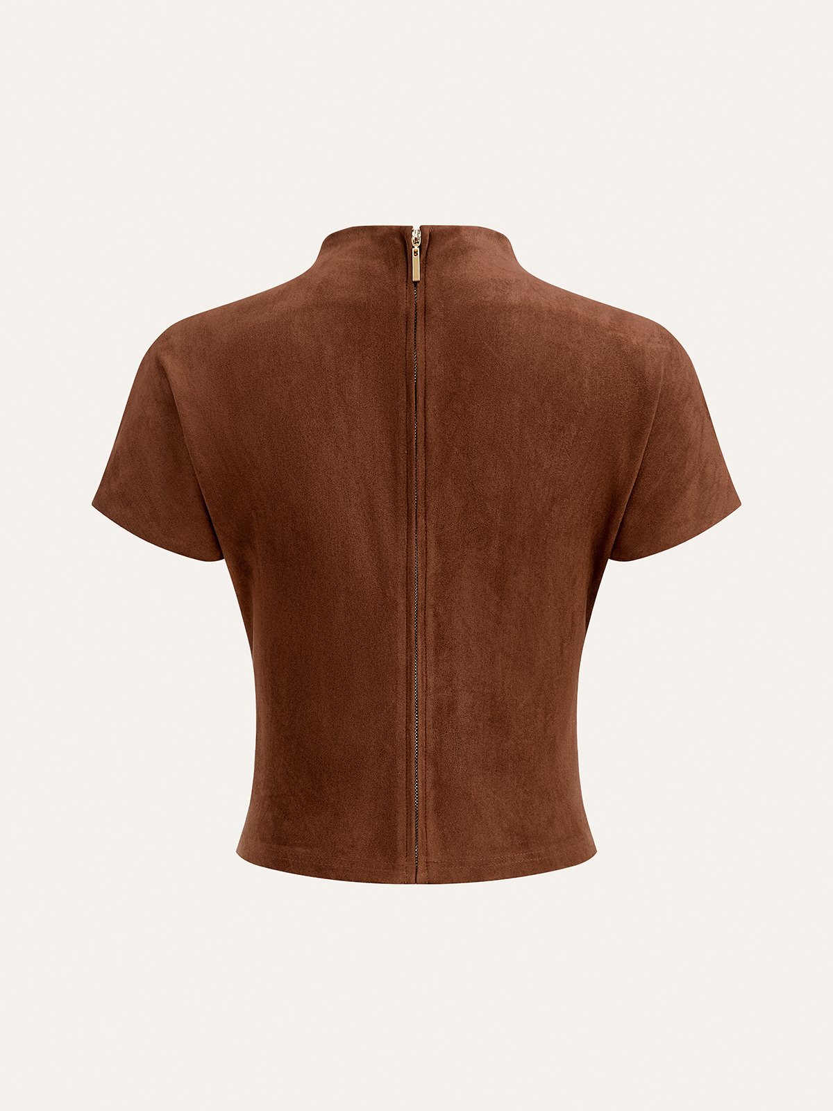 Suede Effect Back Zip Ruched Short-Sleeve Top