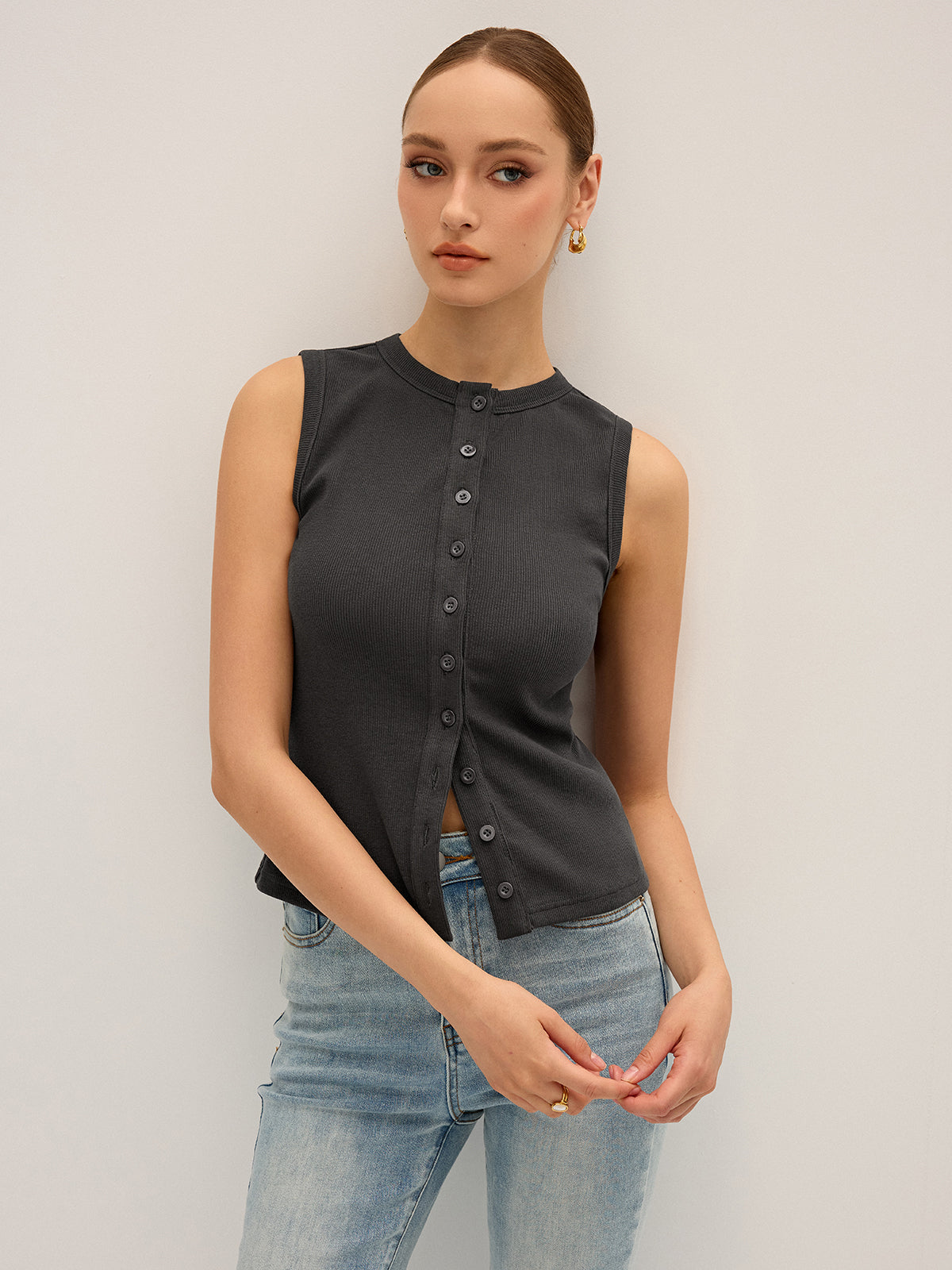 Cotton-Blend Ribbed Button Tank Top