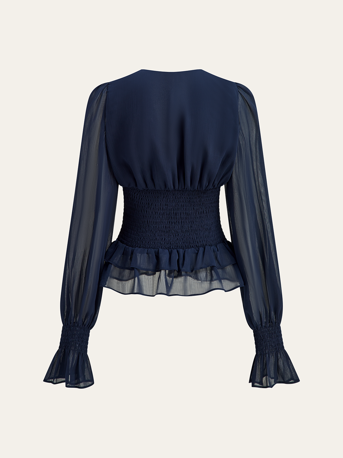 Mesh-Paneled Ruffled Hem Smocked Waist Blouse