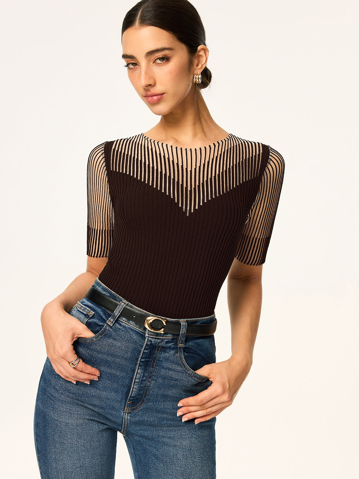 Sheer Striped Panel Ribbed Knit Top