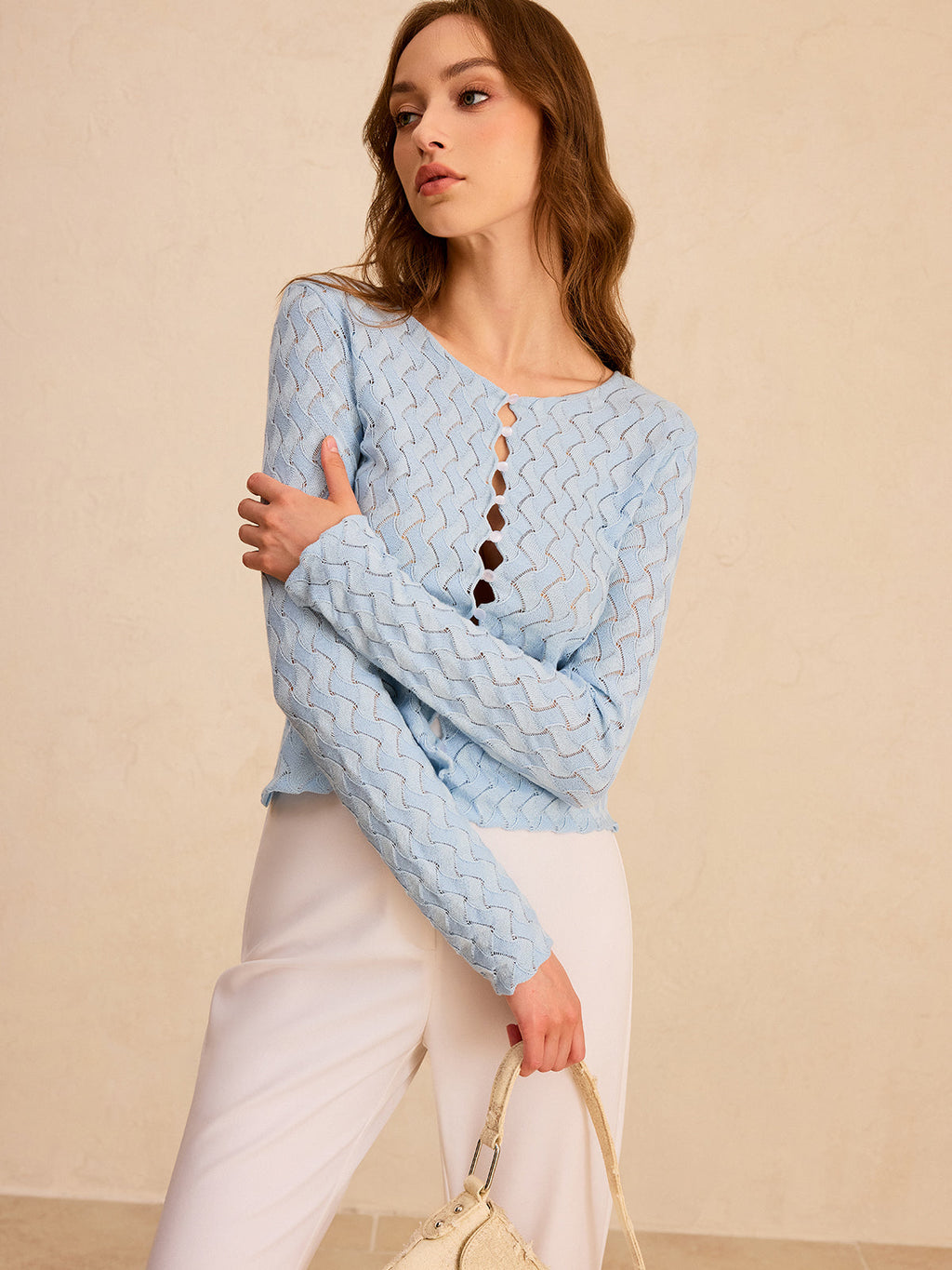 Wave Patterned Button Knit Cardigan